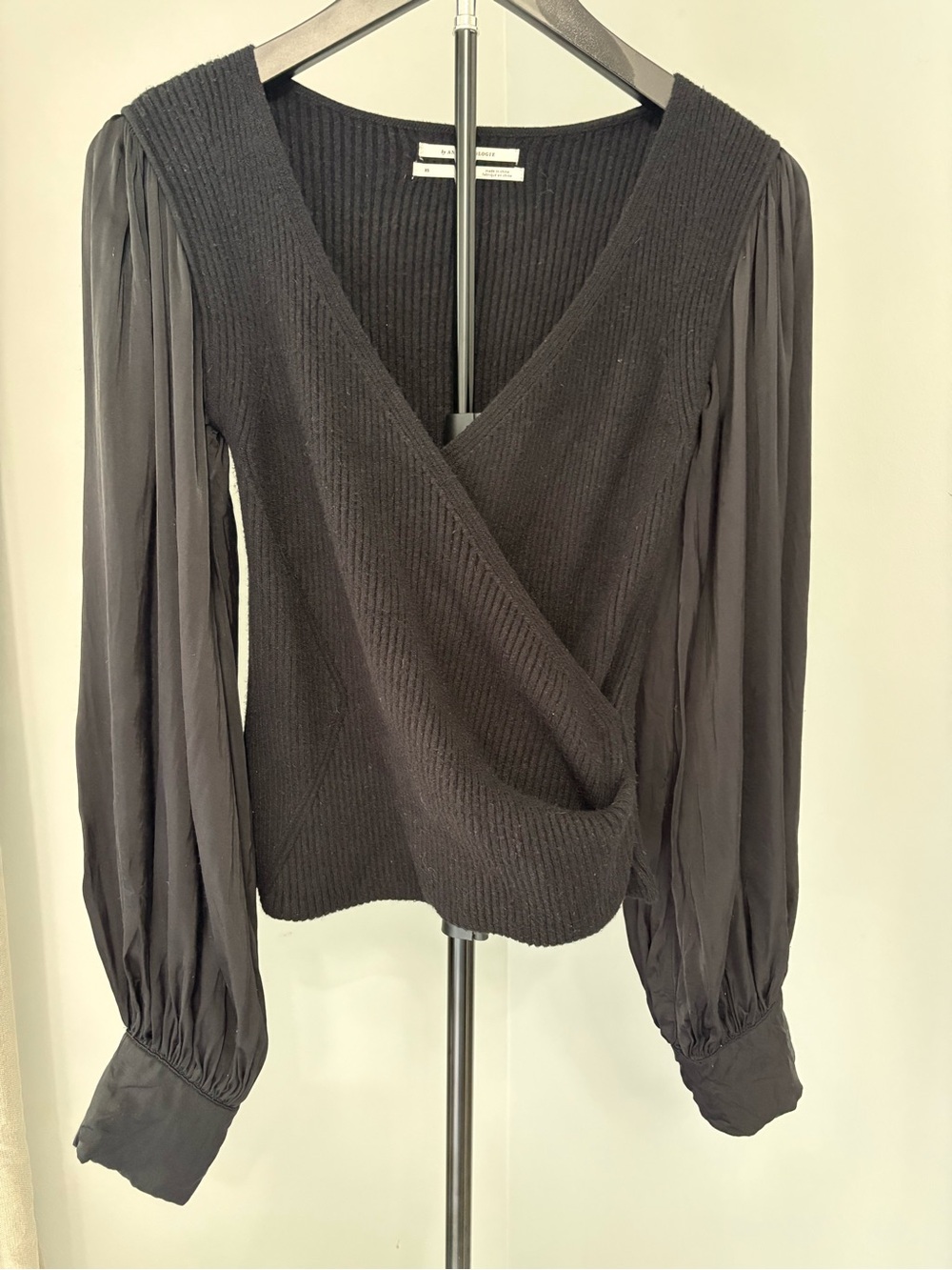 Anthropologie Mixed Media Ribbed Wrap Top Black Bishop Sleeve Poetcore Blouse XS - Picture 2 of 7